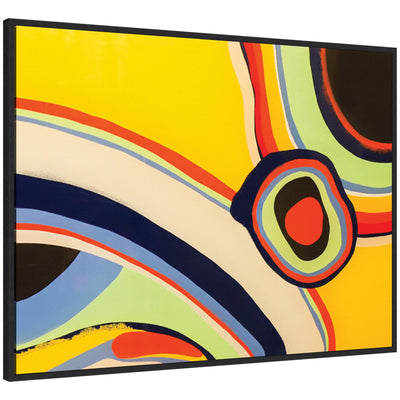 Framed floating canvas art featuring a bright abstract composition with bold colors and dynamic shapes.