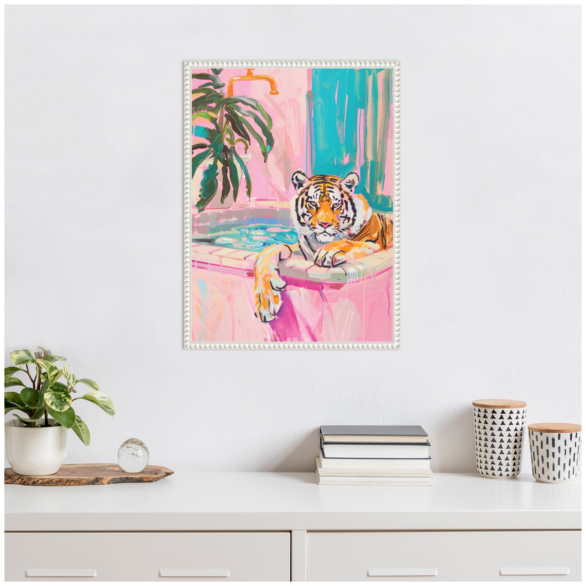 Sylvie Tiger Bathtub Vibrant Dopamine Decor Framed Canvas by kateandlaurel - product image 6 for Resin Society