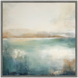 Abstract landscape painting with muted teal, beige, and cream tones evoking a calming lake scene, framed in a simple gray wood frame.
