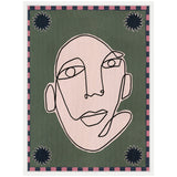 Abstract single-line drawing of a beige human face on olive green background with black sun shapes in four corners and a pink and black checkered border