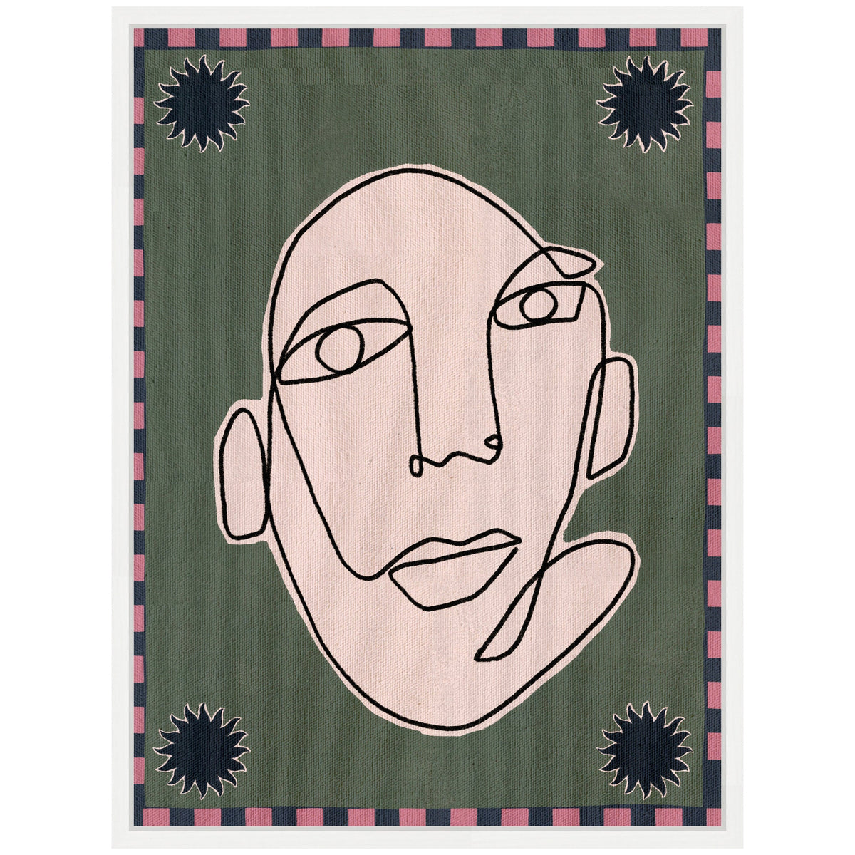 Abstract single-line drawing of a beige human face on olive green background with black sun shapes in four corners and a pink and black checkered border