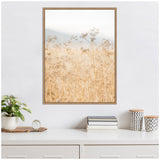 Framed canvas photograph of pale dried wild fennel plants with delicate seed heads against a soft, light background, hanging above a white dresser with small plants and books.