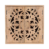 Square wooden wall cabinet with intricately carved floral and leaf patterns in a circular design centered on two hinged doors, natural wood finish.