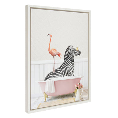 Sylvie Zebra and Flamingo in Cottage Rose Bathtub Framed Canvas by Amy Peterson