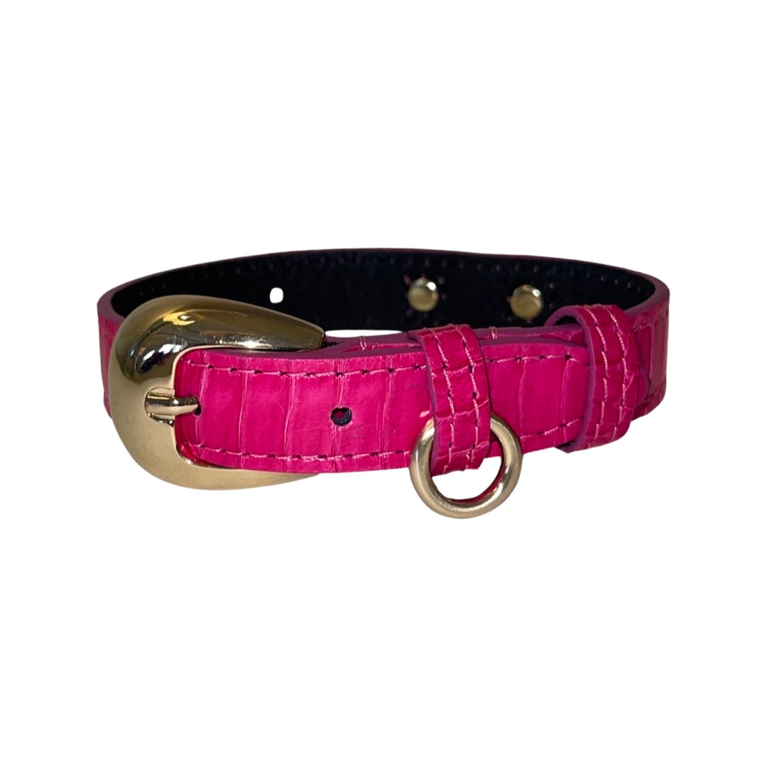 Dog collar in vibrant fuchsia snake pattern with custom gold Italian hardware