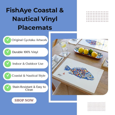 Set of 10 red lobster coastal placemats on a dining table