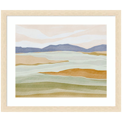 Framed Dreamy Hillscape artwork by Nikita Jariwala showing an abstract pastel landscape with layered hills and mountains in green, blue, and earth tones