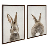 Two framed canvas prints showing a gray bunny: one facing forward with alert ears, the other showing its back with a white tail, both on a neutral textured background.