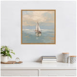 Framed pastel painting of a single sailboat on calm blue-gray water under a cloudy beige sky, hanging above a white cabinet with books, plant, and cups.