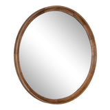 Round wall mirror with a segmented natural wood frame featuring warm brown tones and a smooth matte finish