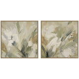 Two square framed abstract floral paintings with soft olive green, beige, and white brushstrokes creating blurred blossoms and foliage on a neutral background.