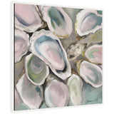 Framed canvas painting of overlapping oyster shells in soft pastel tones of pink, blue, green, and beige with textured brushstrokes.