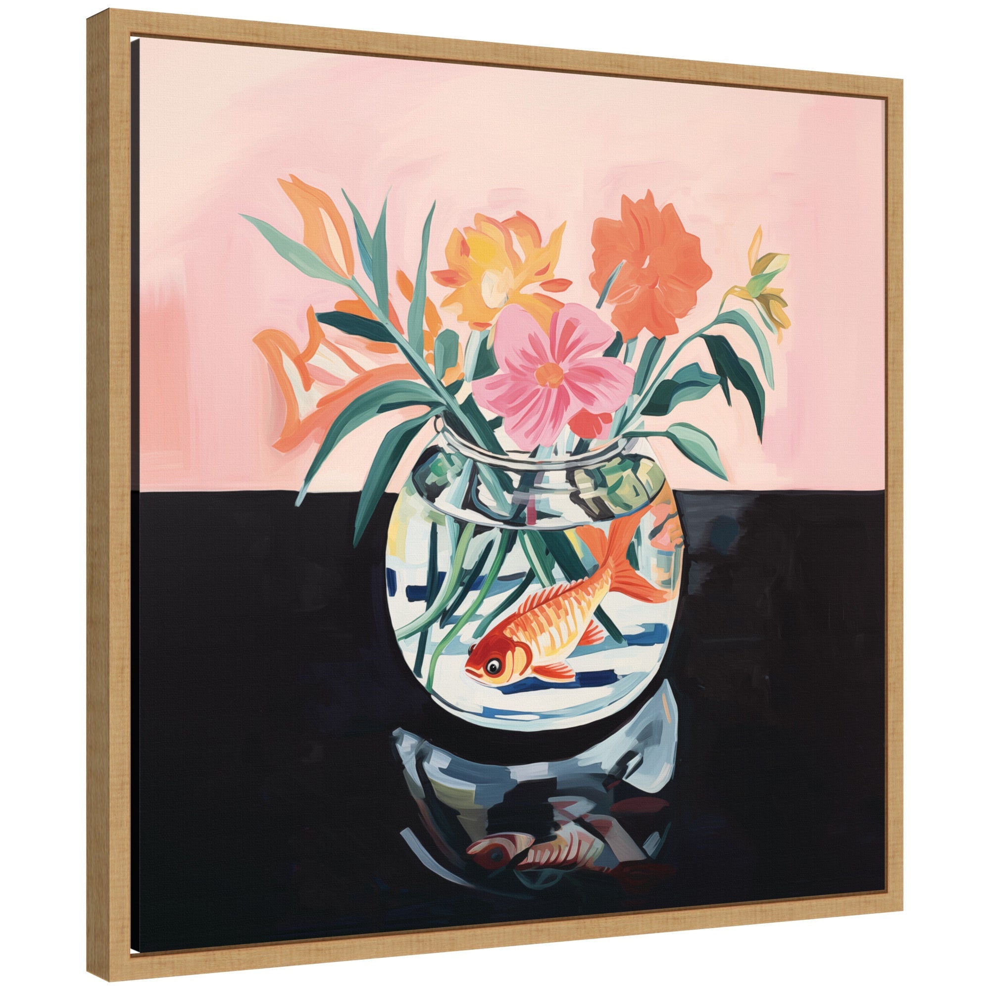 Sylvie Goldfish Bowl Botanical framed canvas featuring a goldfish bowl with botanical motifs in a modern polystyrene frame