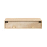 Rectangular beige floating console with two square mounting brackets underneath and two dark rectangular hardware pieces near the top corners, shown from the back.