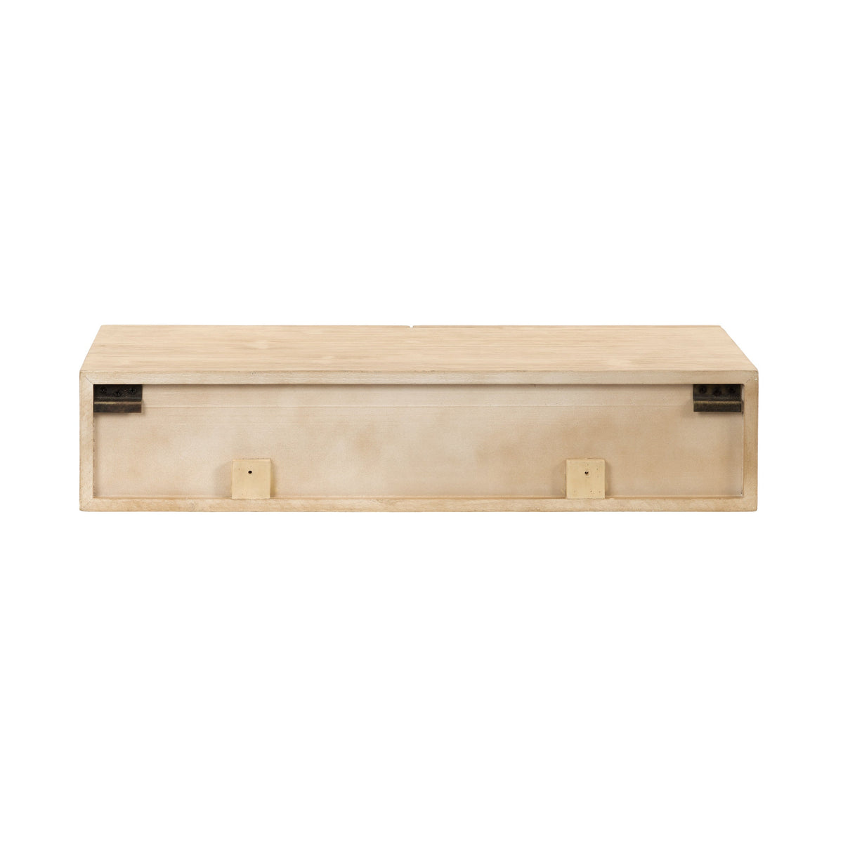 Rectangular beige floating console with two square mounting brackets underneath and two dark rectangular hardware pieces near the top corners, shown from the back.