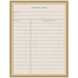 Framed fabric pinboard with vintage beige library card design and green lined fields hung on wall