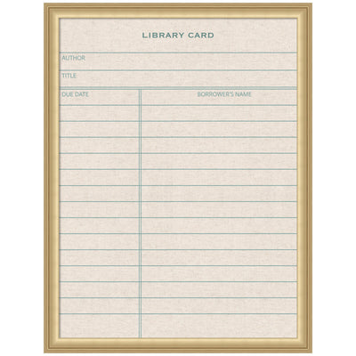 Framed fabric pinboard with vintage beige library card design and green lined fields hung on wall