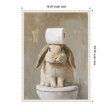 Painting of a light brown bunny sitting on a white toilet with a roll of white toilet paper balanced on its head, set against a muted beige-gray background.