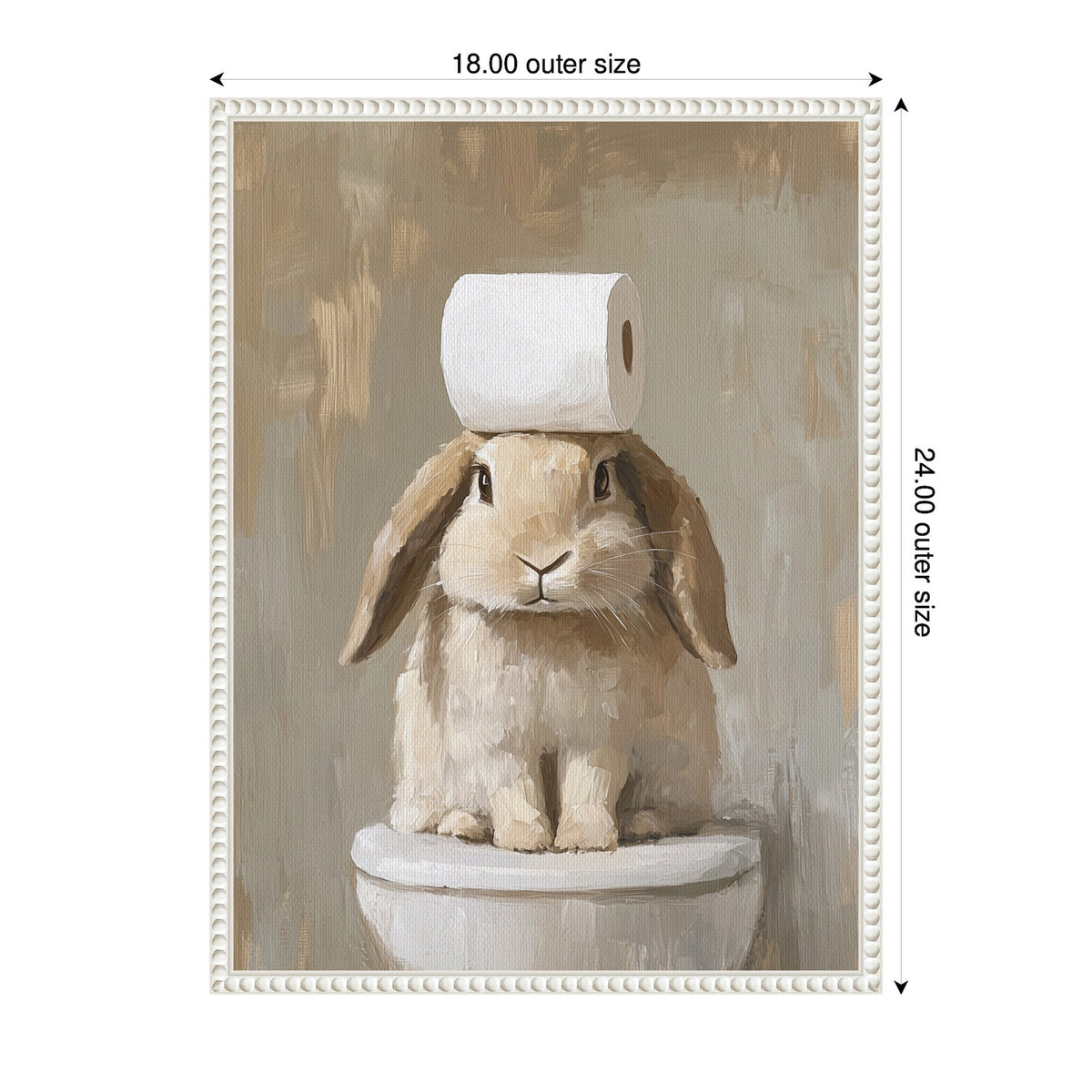 Painting of a light brown bunny sitting on a white toilet with a roll of white toilet paper balanced on its head, set against a muted beige-gray background.