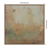 Abstract textured canvas wall art with soft sage green, beige, and gold tones in a square ornate frame measuring 30 inches by 30 inches.