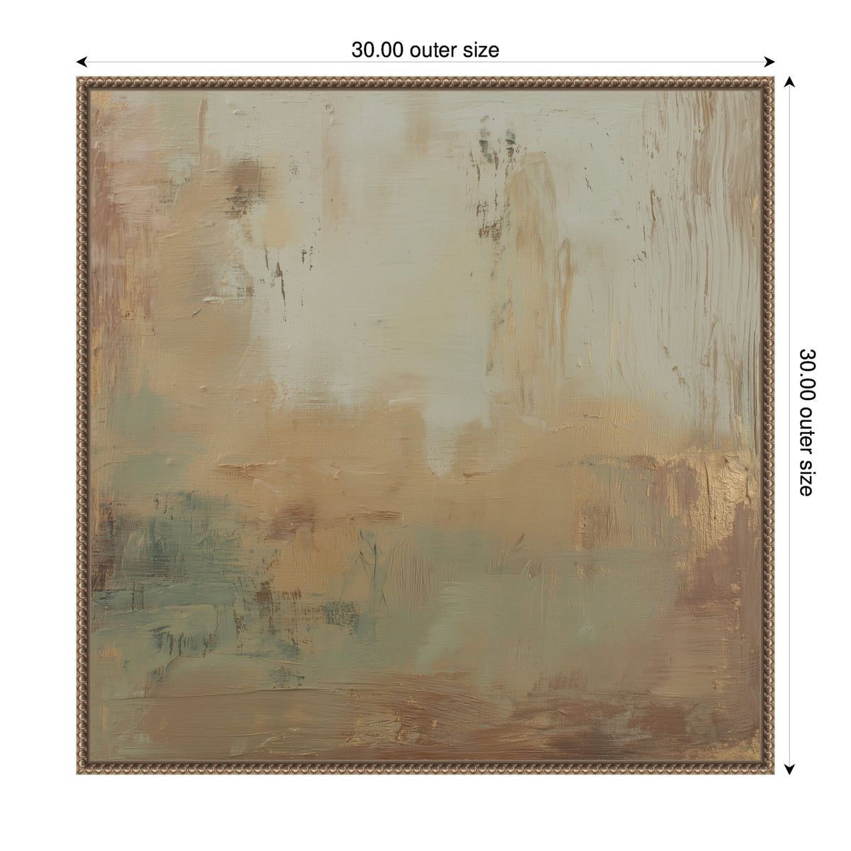 Abstract textured canvas wall art with soft sage green, beige, and gold tones in a square ornate frame measuring 30 inches by 30 inches.