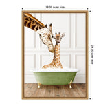Illustration of a baby giraffe in a green clawfoot bathtub filled with bubbles and a mother giraffe leaning in from left against a white paneled wall.