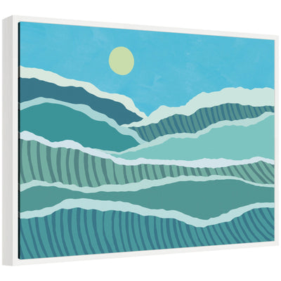 Sylvie Abstract Waves Framed Canvas by Rachel Lee showing abstract wave forms in neutral tones with a thin modern floating frame