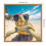 Close-up of a sea turtle wearing oversized brown sunglasses on a sunny beach with blue sky, white clouds, and palm trees in the blurred background.