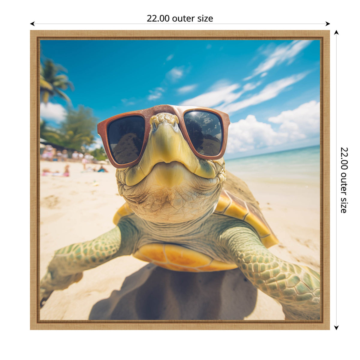 Close-up of a sea turtle wearing oversized brown sunglasses on a sunny beach with blue sky, white clouds, and palm trees in the blurred background.