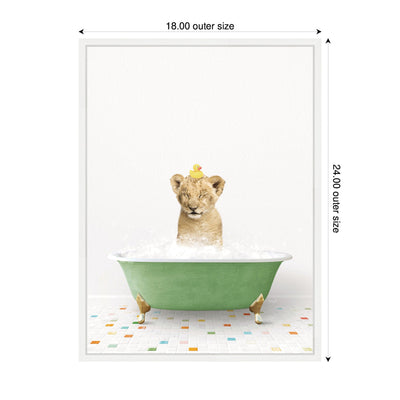 Sylvie Lion Cub in Green Bathtub on Colored Tile Framed Canvas by Amy Peterson