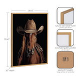 Portrait of a chestnut horse wearing a worn brown cowboy hat and a bridle, set against a black background, framed in natural oak wood with gold finish.