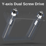 Illustration showing a Y-axis dual screw drive system with two parallel vertical lead screws and motors mounted on a dark steel frame, labeled at the top.
