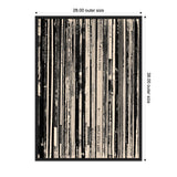 Close-up view of a framed canvas print titled '33 RPM Black and White' displaying black and white vertical lines resembling stacked vinyl record spines with visible text and labels.