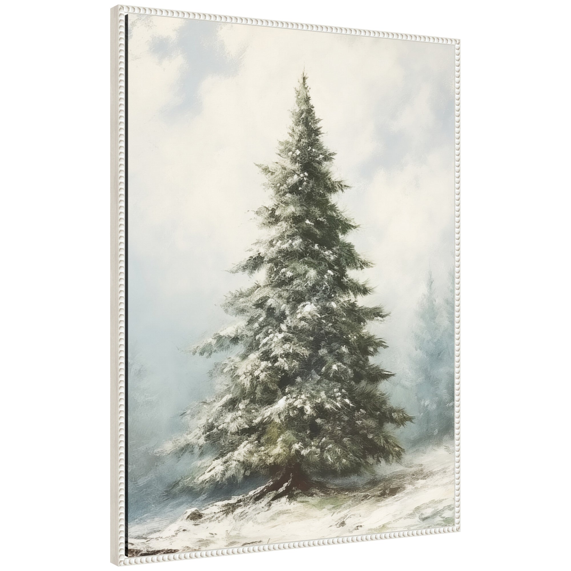 Framed canvas artwork of a snow-covered evergreen fir tree with beaded detail