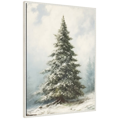 Framed canvas artwork of a snow-covered evergreen fir tree with beaded detail