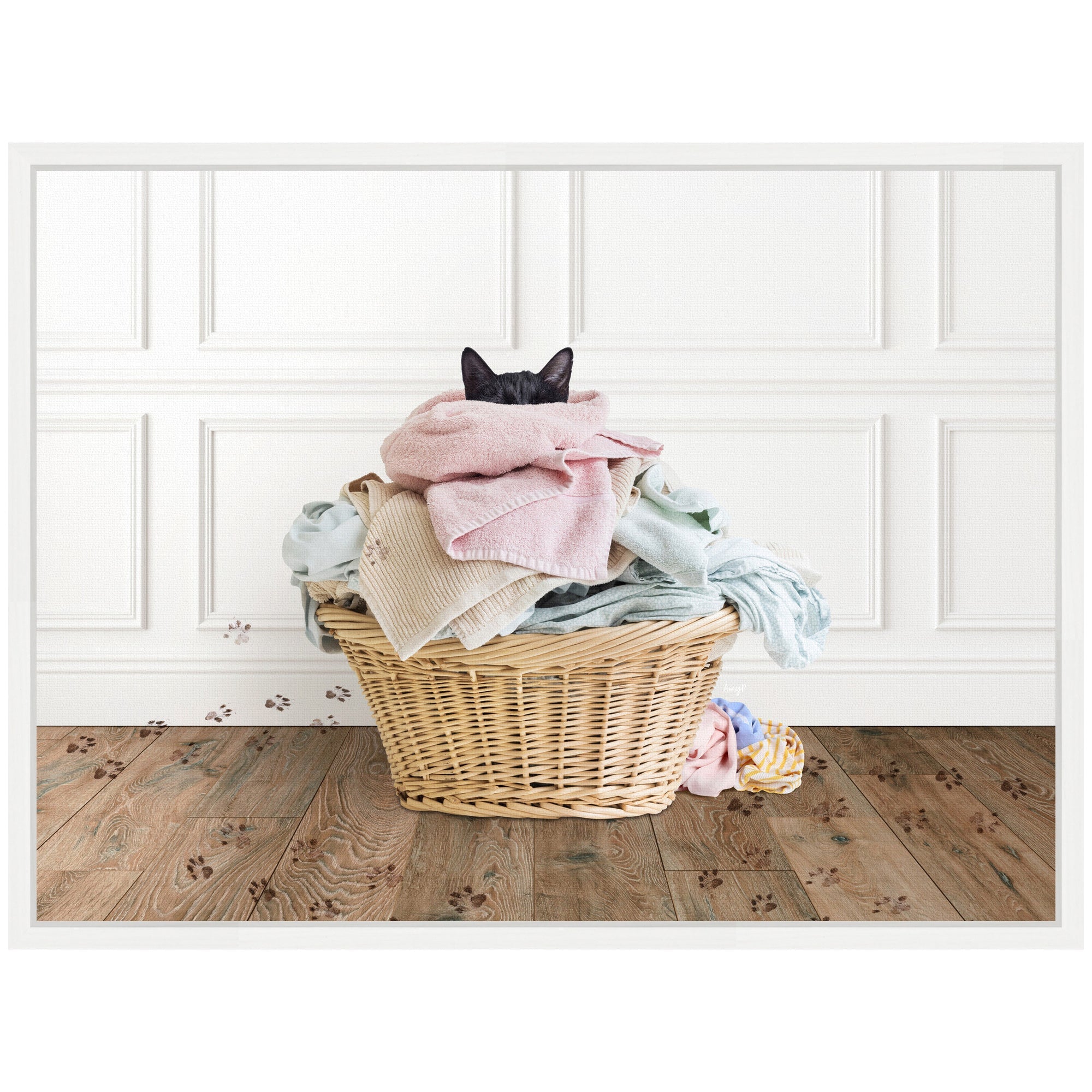 Sylvie Cat in a Basket Traditional Laundry Framed Canvas by Amy Peterson