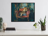 Painting of a lion reclining on a red armchair against an abstract, dark teal and gold background in a black frame hung on a white wall.