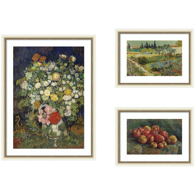 Apples 1887, Bouquet of Flowers in a Vase 1890, & Garden at Arles by Vincent Van Gogh 3 Piece Framed Wall Art Print Set