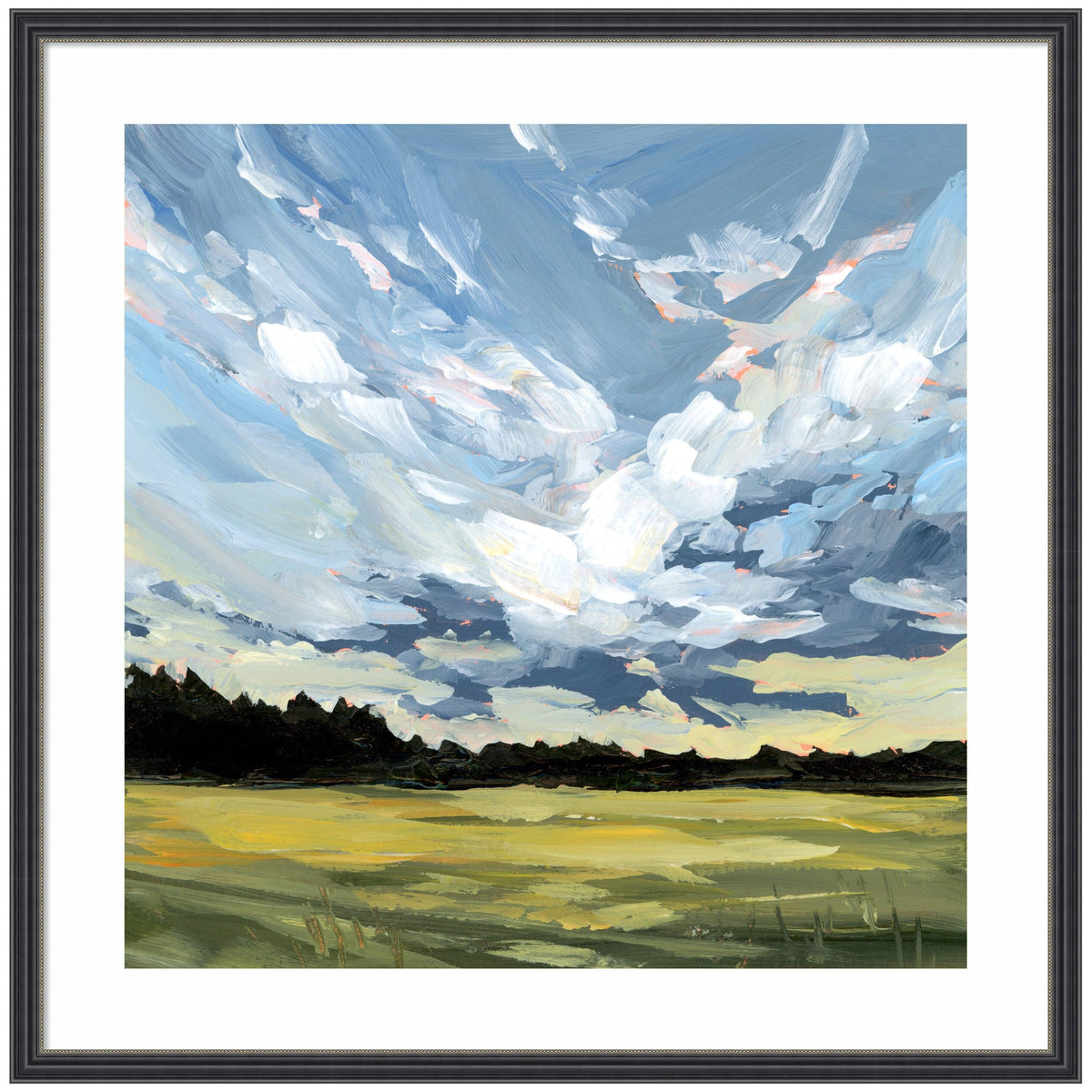 Painting of a cloudy sky with swirling gray and white clouds over a dark tree line and a yellow-green field in the foreground.