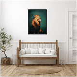 Framed canvas wall art of a majestic lion with a golden mane against a dark turquoise background, hanging above a wooden bench with white cushions in a minimalist room.
