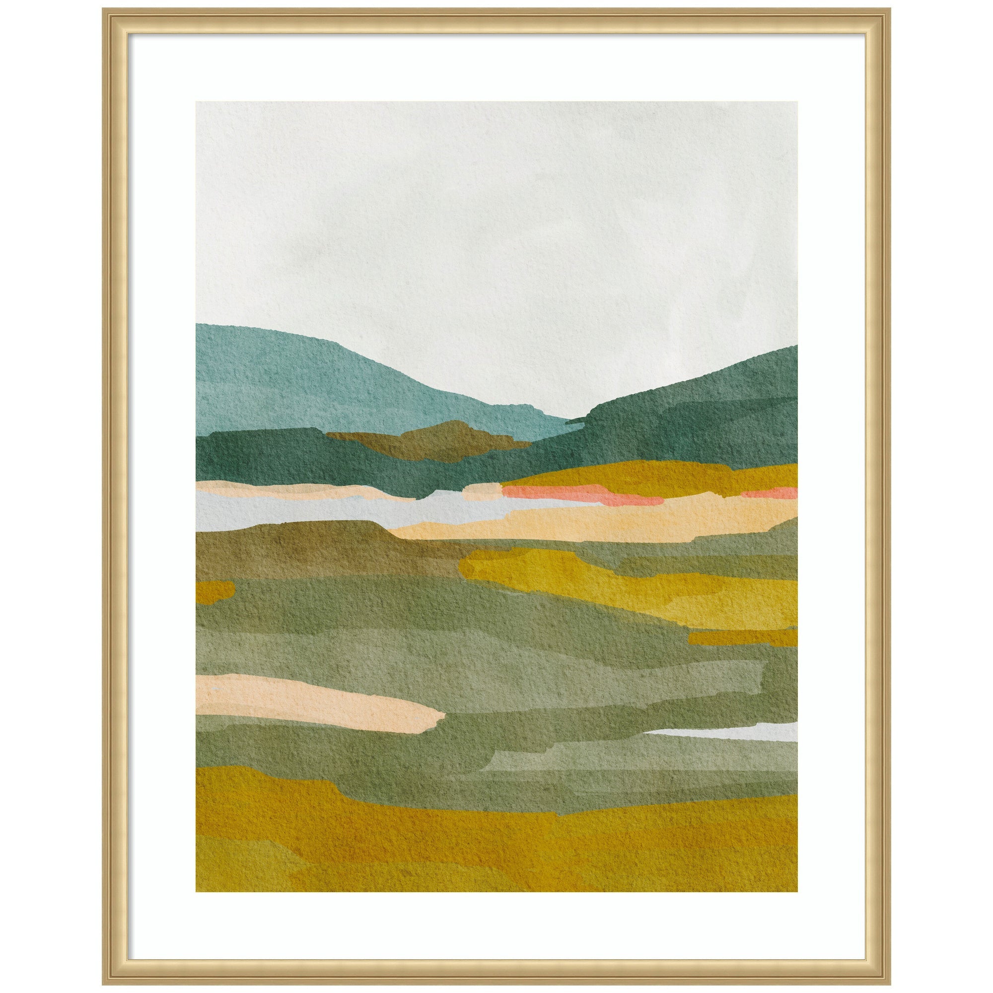 Framed abstract art print featuring soft flowing green, yellow, and blue shapes resembling rolling hills