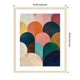 Abstract geometric artwork featuring overlapping jewel-toned and pastel semicircles in shades of pink, orange, teal, green, navy, and burgundy within a light wood frame.
