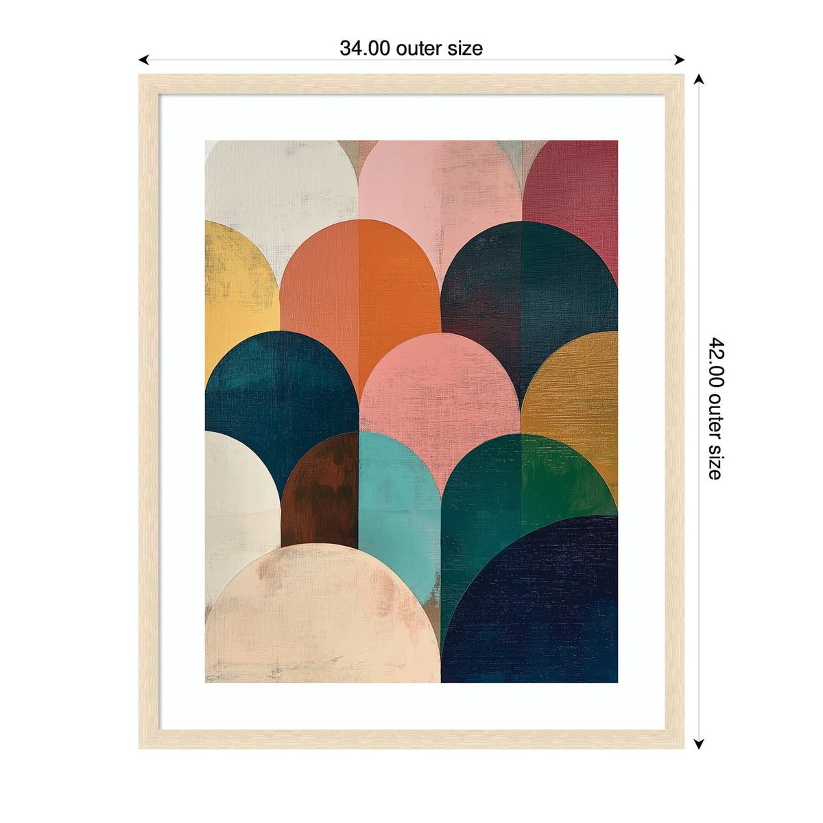 Abstract geometric artwork featuring overlapping jewel-toned and pastel semicircles in shades of pink, orange, teal, green, navy, and burgundy within a light wood frame.