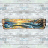 Long wooden panel painting showing a vibrant sunset over rolling blue ocean waves with a sailing ship and rocky cliffs to the right, signed by G. DeBrekht.