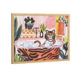 Illustration of a tiger relaxing in a bubble-filled bathtub with tiger stripes, surrounded by potted plants and colorful geometric patterns on walls.