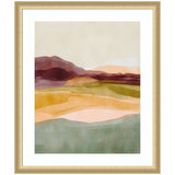 Abstract watercolor landscape with layered hills in muted green, gold, and purple tones under a soft beige sky, framed in a light wood frame.