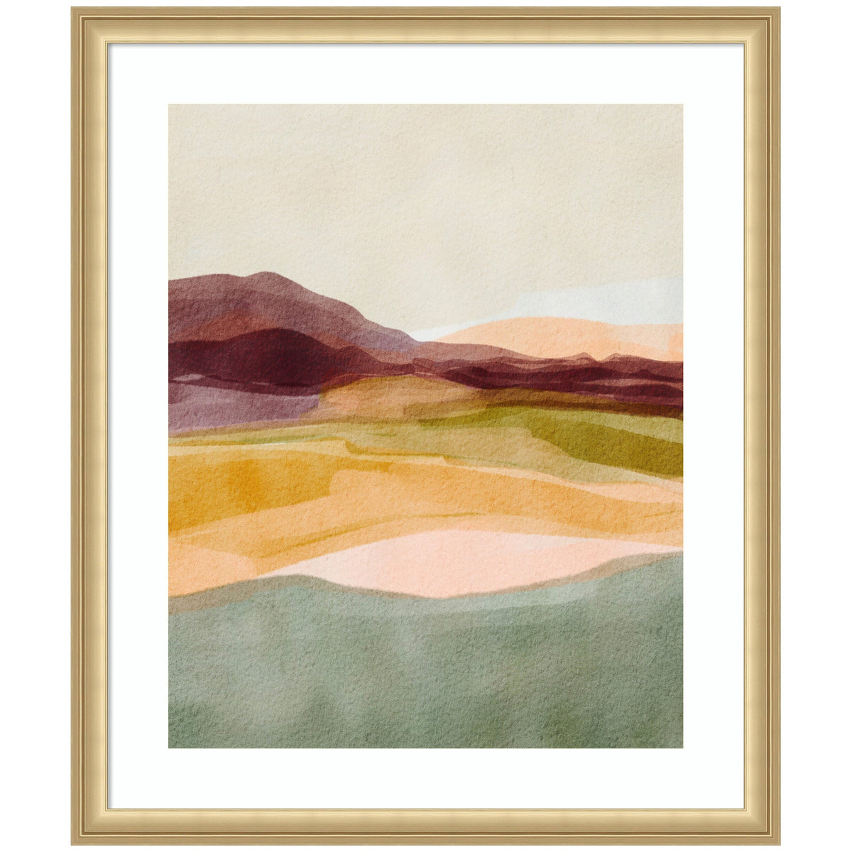 Abstract watercolor landscape with layered hills in muted green, gold, and purple tones under a soft beige sky, framed in a light wood frame.