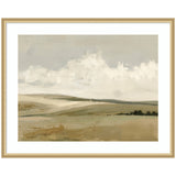 Softly painted landscape with muted tans and sandy greens under a cloudy sky, framed in a light wood frame with white matting.