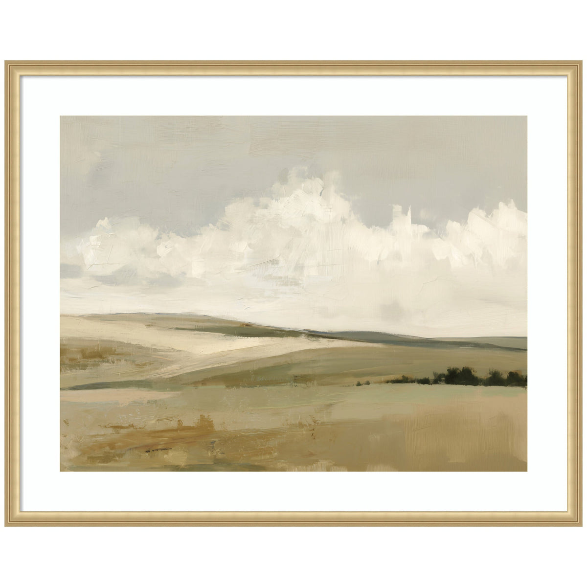 Softly painted landscape with muted tans and sandy greens under a cloudy sky, framed in a light wood frame with white matting.