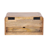 Rectangular wooden side table with rounded edges, featuring a single drawer at the bottom and two black metal hinges on the top edge, shown from the front.